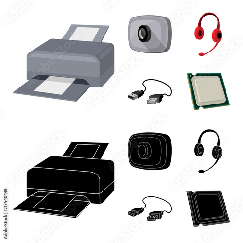 Webcam, headphones, USB cable, processor. Personal computer set collection icons in cartoon,black style vector symbol stock illustration web.