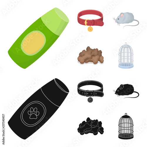 A collar, a forage, a toy, a cage and other products of the zoo store.Pet shop set collection icons in cartoon,black style vector symbol stock illustration web.