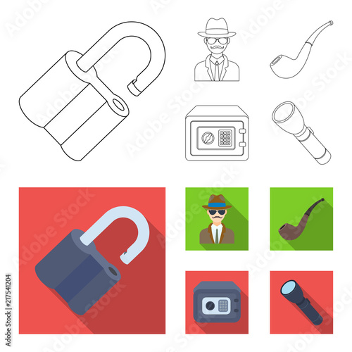 Lock hacked, safe, smoking pipe, private detective.Detective set collection icons in outline,flat style vector symbol stock illustration web.