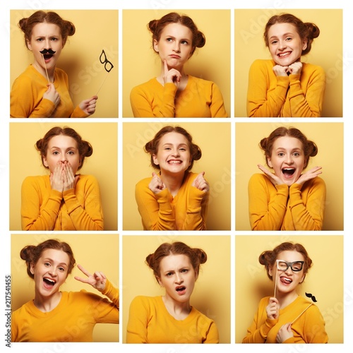 collage of young  woman different facial expressions