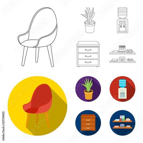 A red chair with a comfortable back, an aloe flower in a pot, an apparatus with clean water, a cabinet for office papers. Office Furniture set collection icons in outline,flat style vector symbol