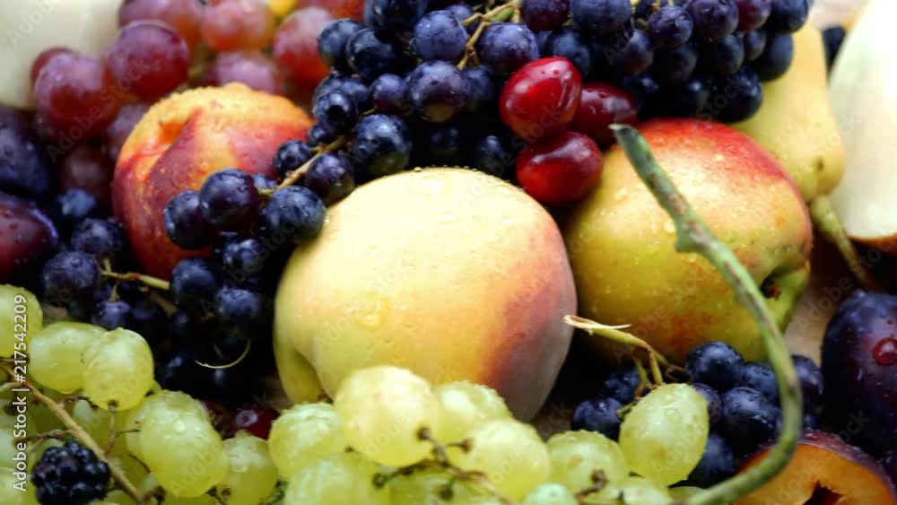 Rotating of various fresh fruits. Wooden table. 4K Rotating of various fresh fruits. Wooden table. 4K