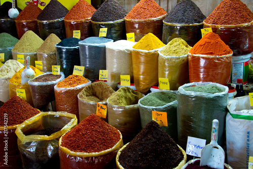 spices on market stall in bazar of sanliurfa, turkey