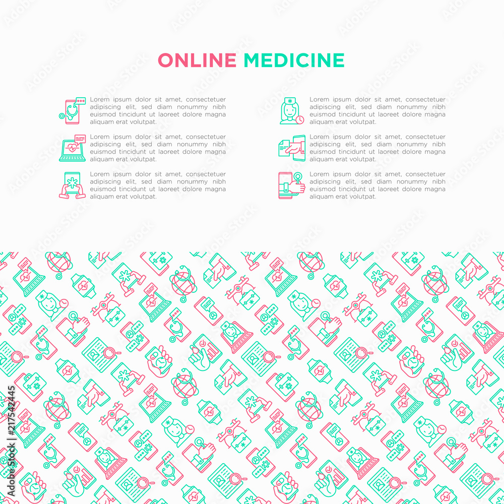 Online medicine, telemedicine concept with thin line icons: pill timer, ambulance online, medical drone, tracker, mHealth, messenger, check symptomps. Modern vector illustration, print media template. Online medicine, telemedicine concept with thin line icons: pill timer, ambulance online, medical drone, tracker, mHealth, messenger, check symptomps. Modern vector illustration, print media template.