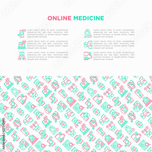 Online medicine, telemedicine concept with thin line icons: pill timer, ambulance online, medical drone, tracker, mHealth, messenger, check symptomps. Modern vector illustration, print media template.