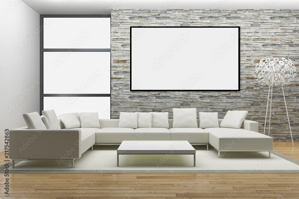 Fototapeta premium Modern bright interiors apartment with mockup poster frame 3D rendering illustration