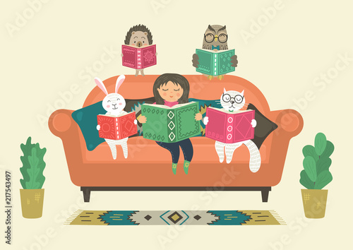 Girl reading book with fantasy clever animals on sofa. Fantasy world. Original vector illustration.