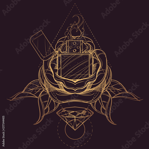 Hand drawn vintage lighter with roses and diamond.