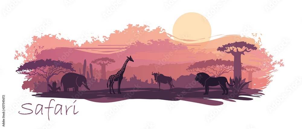 African landscape with wild animals. Vector Illustration