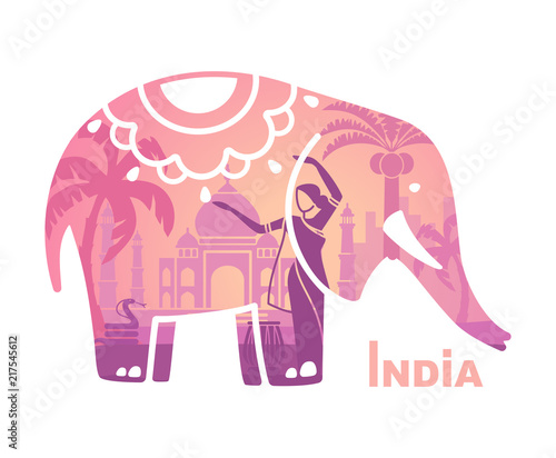 Stylized silhouette of the Indian elephant with the symbols of India