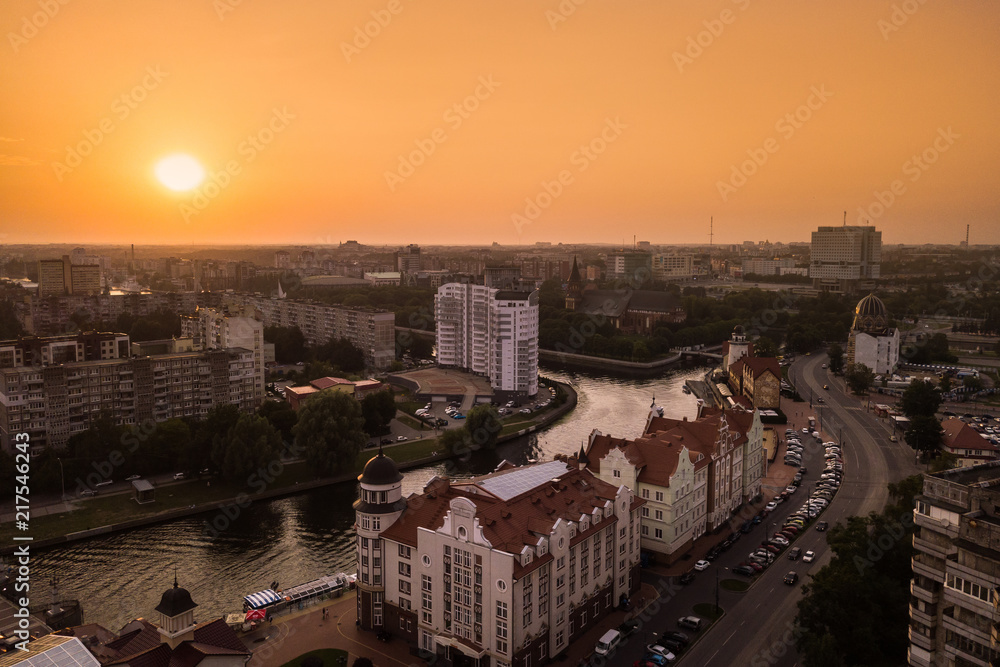 Aerial: Sunset over Kaliningrad city