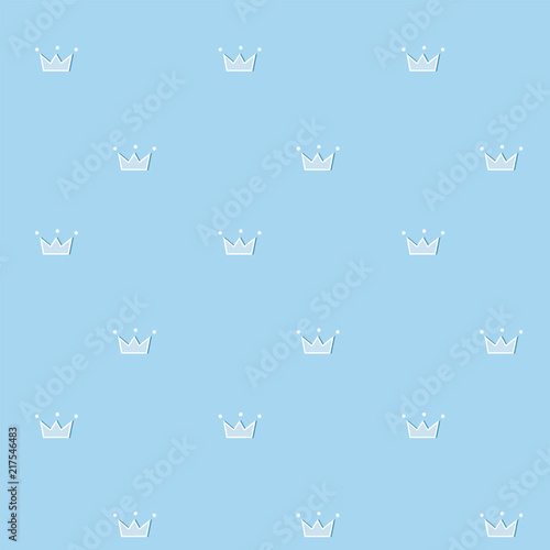 Cute seamless pattern. Blue royal vector background. Doodle crown with white dots.  Design prince nursery, baby boy clothes, fabric, party invite. Light backdrop for little king throne.Premium kid