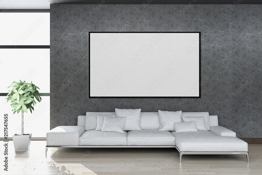 Modern bright interiors apartment with mockup poster frame 3D rendering illustration Modern bright interiors apartment with mockup poster frame 3D rendering illustration