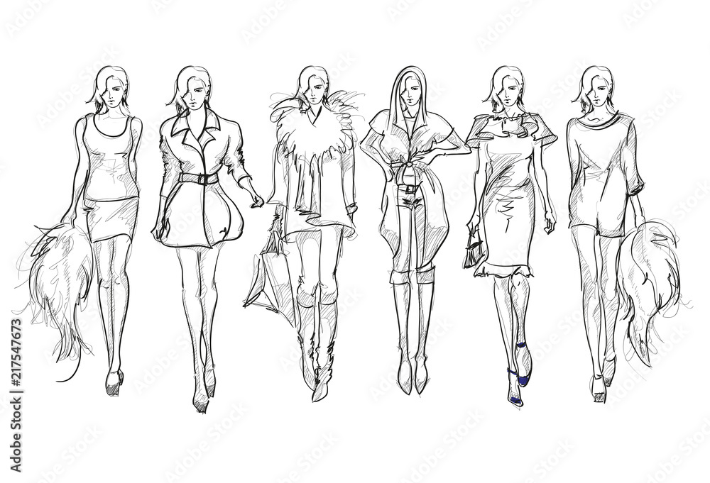 Sketch. Fashion Girls on a white background. Vector illustration. Sketch. Fashion Girls on a white background. Vector illustration.