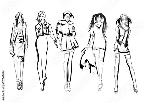 Sketch. Fashion Girls on a white background. Vector illustration.