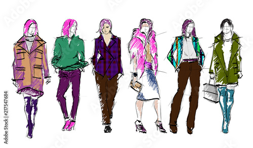 Sketch. Fashion Girls on a white background. Vector illustration.