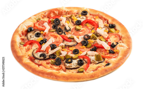 Pizza with eggplant, ham, red pepper, tomato,cucumber, olives and corn isolated on white bacckground