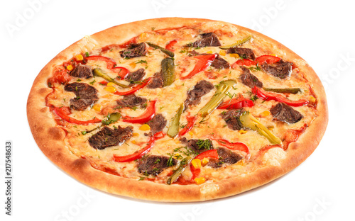 Pizza with beef, sweet pepper, cucumber, sweet corn, cheese and greens on white isolated background. Italian cuisine. Top view