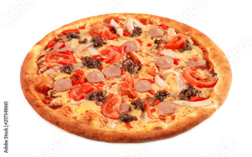 Pizza with pastrami, mushrooms, ground beef and sausage isolated on white background. Top view
