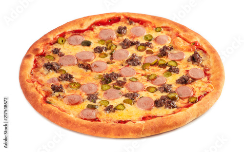 Pizza with ground beef, sausage, cucumber and cheese isolated on white background. Italian cuisine