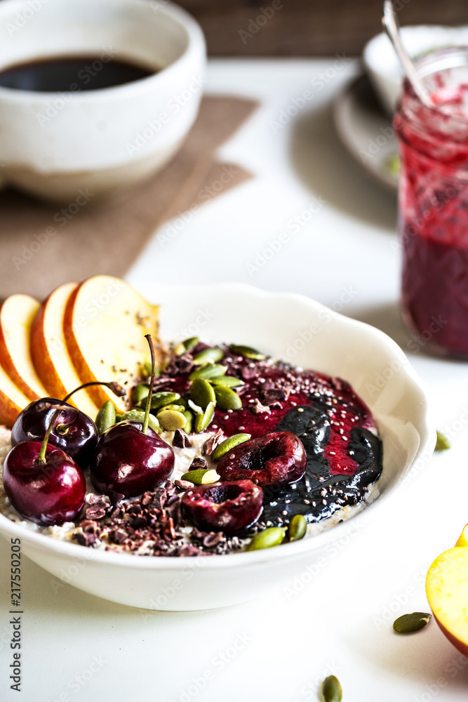 Overnight Oat with Cherry,Apple,Black Sesame Butter,Berries compote and Cacao nibs