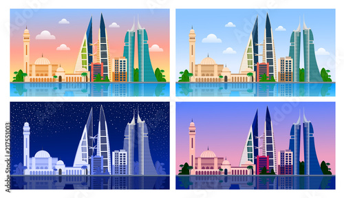 Manama. Bahrain. Panoramic view. Night and day, dawn and sunset. City skyline for flyear, magazines, posters, book cover, horizontal banners and guide book. Vector flat illustrations