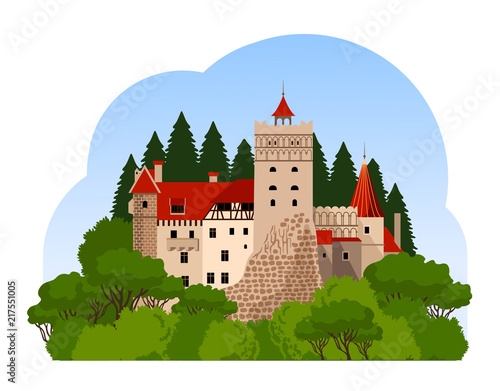 Bran Castle, travel to Transylvania. Flat cartoon style. Vector illustration