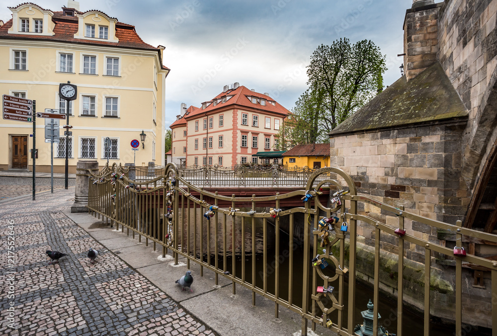 Colorful houses, Certovka (the Davil's Stream), Kampa Island, the railing is decorated with the locks of love, Prague