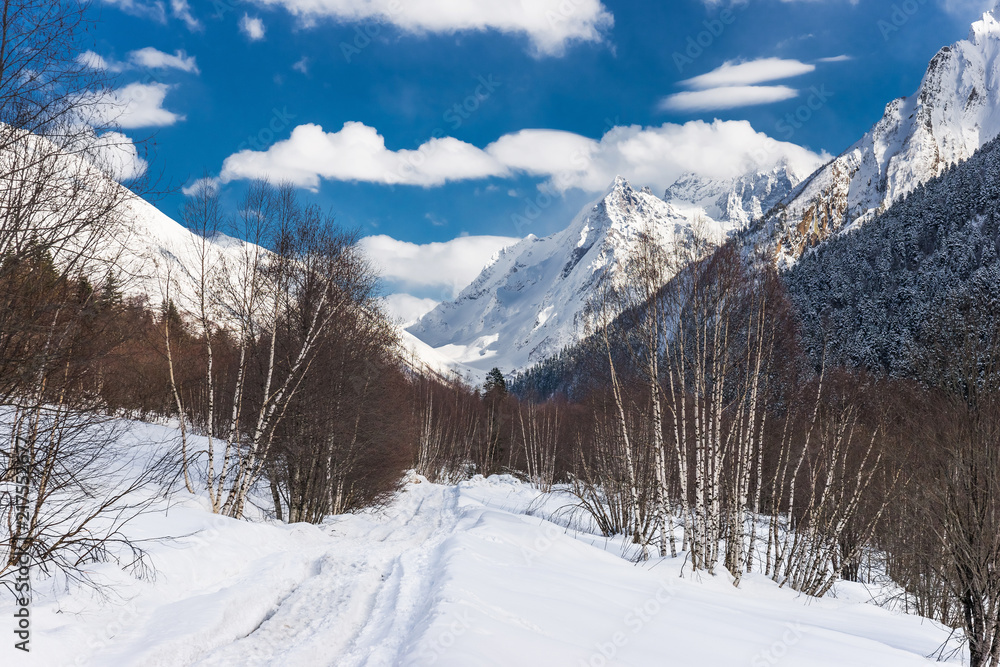 The winter road to the Alibek. Dombai, Russia.