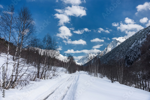 A road in the winter Caucasus mountains. Alibek, Dombai, Russia. © Anna