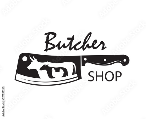 monochrome butcher shop emblem of kithen knife, sheep, cow and chicken