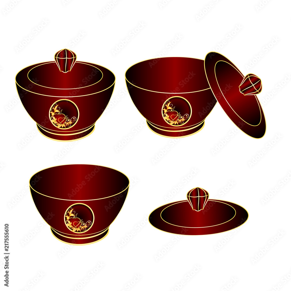 Sugar bowl of black and red porcelain gold ornament heart and leaves on a white background vintage vector illustration editable hand draw Sugar bowl of black and red porcelain gold ornament heart and leaves on a white background vintage vector illustration editable hand draw