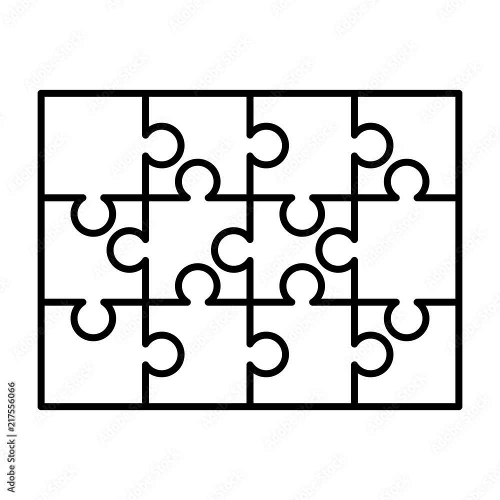 12 white puzzles pieces arranged in a rectangle shape. Jigsaw Puzzle  template ready for print. Cutting guidelines on white Stock Vector
