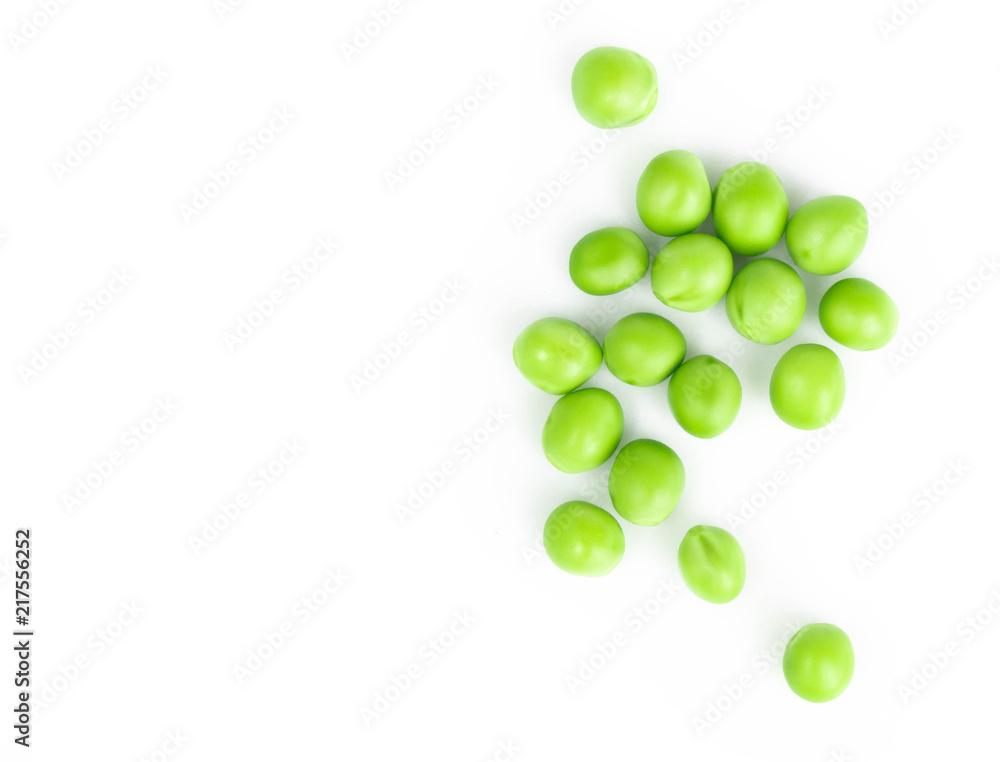 Closeup top view fresh green peas isolated on white background, healthy food concept Closeup top view fresh green peas isolated on white background, healthy food concept