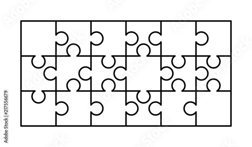 18 white puzzles pieces arranged in a rectangle shape. Jigsaw Puzzle template ready for print. Cutting guidelines on white