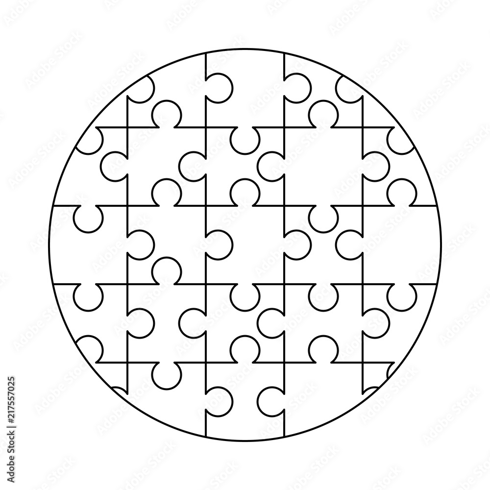 25 white puzzles pieces arranged in a round shape. Jigsaw Puzzle template  ready for print. Cutting guidelines on white Stock Vector | Adobe Stock