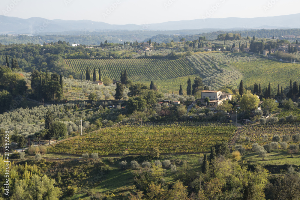 Toscane landscape with fields and mountaines in background