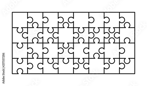 32 white puzzles pieces arranged in a rectangle shape. Jigsaw Puzzle template ready for print. Cutting guidelines on white