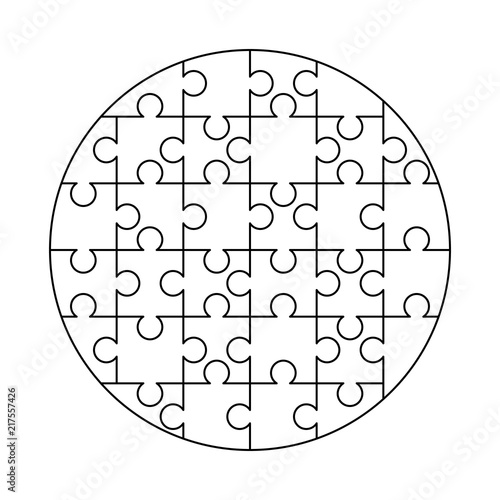32 white puzzles pieces arranged in a round shape. Jigsaw Puzzle template ready for print. Cutting guidelines on white