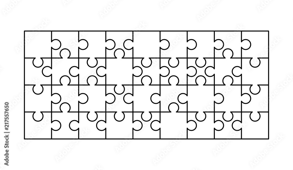 36 white puzzles pieces arranged in a rectangle shape. Jigsaw Puzzle template ready for print. Cutting guidelines on white 36 white puzzles pieces arranged in a rectangle shape. Jigsaw Puzzle template ready for print. Cutting guidelines on white
