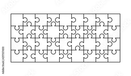 36 white puzzles pieces arranged in a rectangle shape. Jigsaw Puzzle template ready for print. Cutting guidelines on white