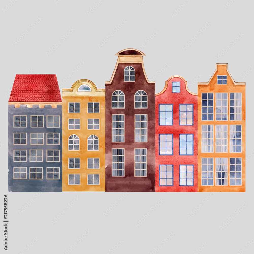 Watercolor vector city houses