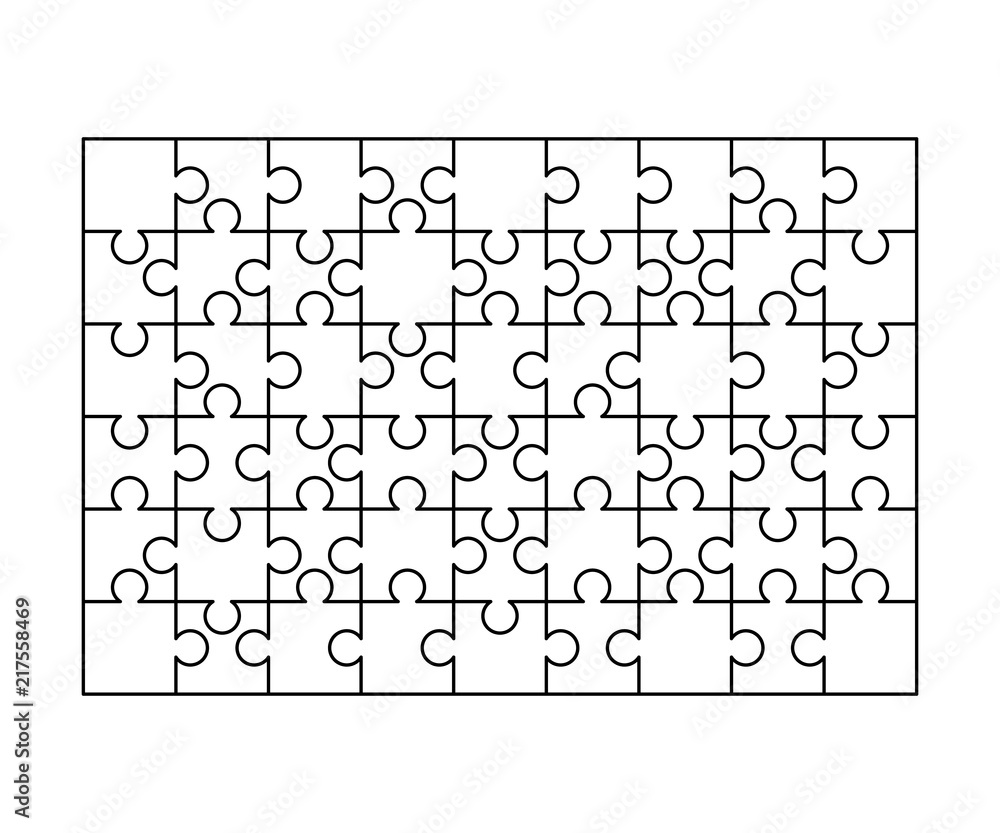 54 white puzzles pieces arranged in a rectangle shape. Jigsaw Puzzle  template ready for print. Cutting guidelines on white Stock Vector | Adobe  Stock