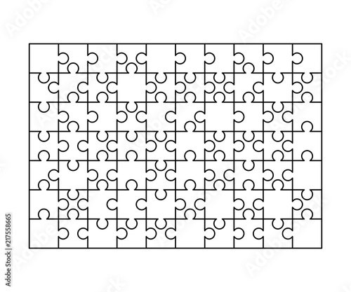70 white puzzles pieces arranged in a rectangle shape. Jigsaw Puzzle template ready for print. Cutting guidelines on white