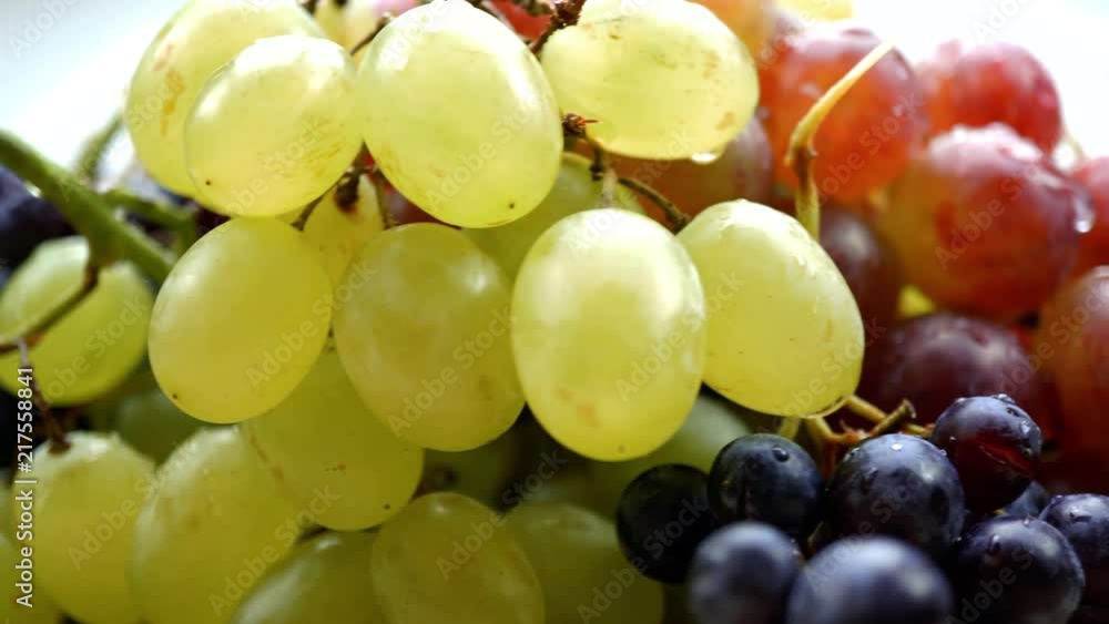 Fresh organic grapes collection with water drops rotating on a turn table. Macro. 4K Fresh organic grapes collection with water drops rotating on a turn table. Macro. 4K