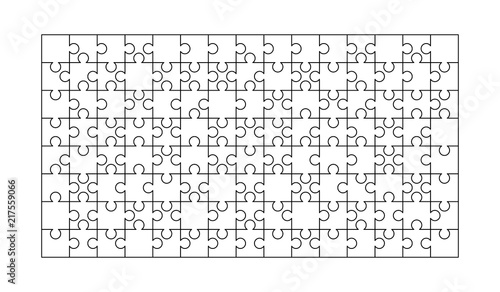 120 white puzzles pieces arranged in a rectangle shape. Jigsaw Puzzle template ready for print. Cutting guidelines on white