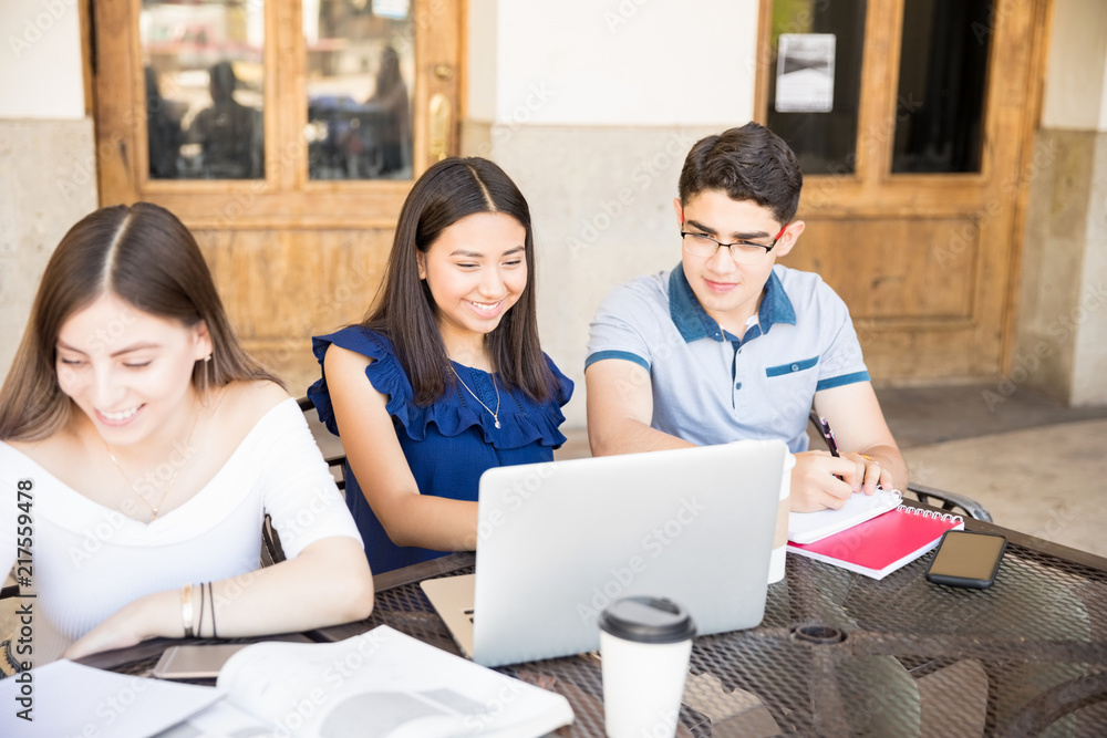 Teenager group studying at cafe Teenager group studying at cafe