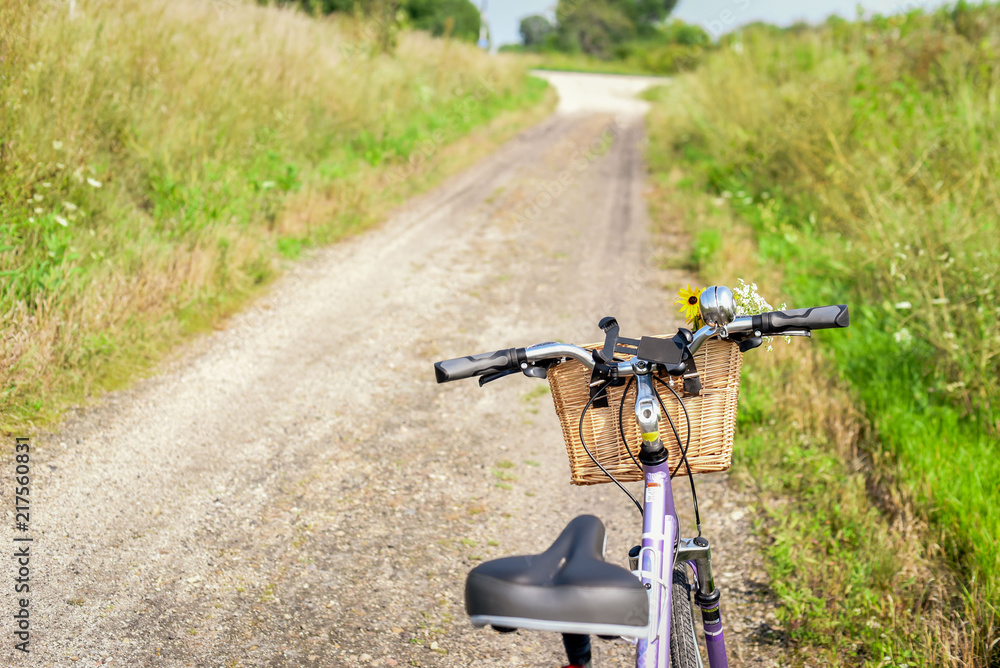 bike with flowers in basket on side of bicycle path bike with flowers in basket on side of bicycle path