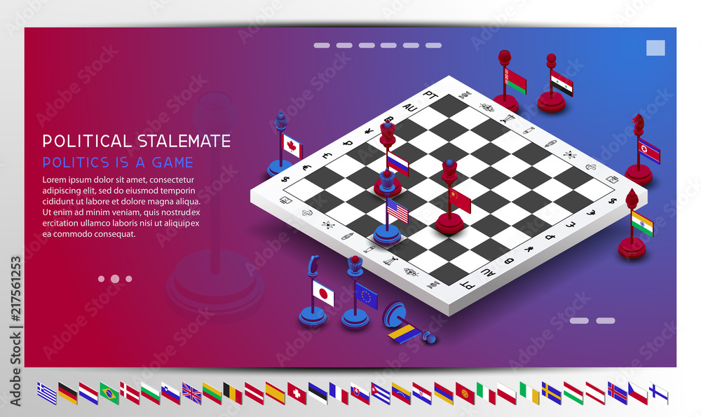 Policy. The policy is presented in the form of chess. The position of stalemate is shown. Chess with flags of different countries. The shapes are moved to create different combinations and positions (