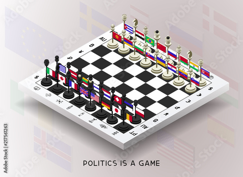 Policy. The policy is presented in the form of chess. Chess with flags of different countries. The pieces are moved to create different combinations and positions (checkmate, zugzwang, stalemate, chec